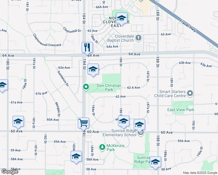 map of restaurants, bars, coffee shops, grocery stores, and more near 18559 62 Avenue in Surrey