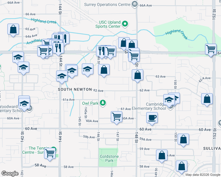 map of restaurants, bars, coffee shops, grocery stores, and more near 14675 62 Avenue in Surrey