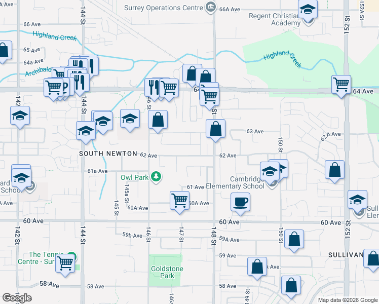 map of restaurants, bars, coffee shops, grocery stores, and more near 14739 62 Avenue in Surrey