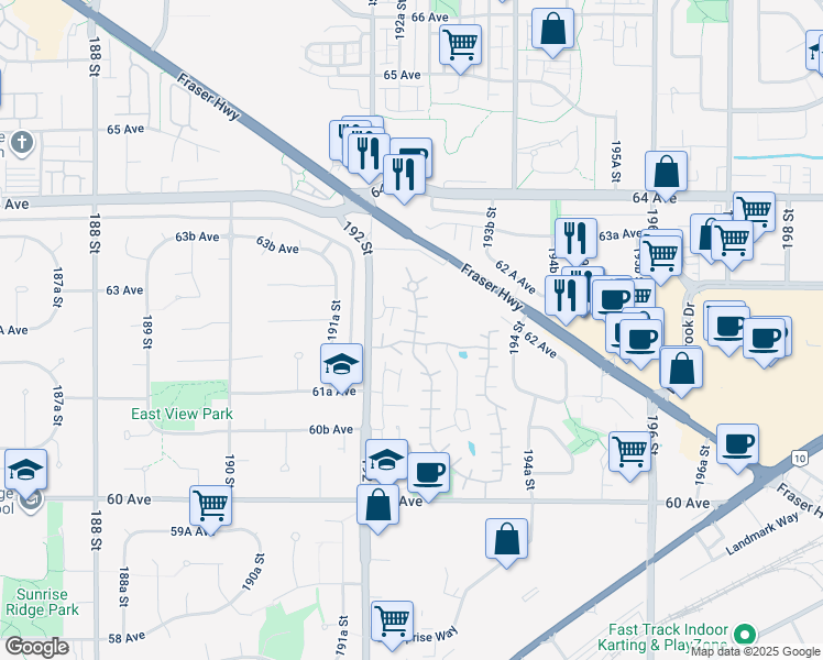 map of restaurants, bars, coffee shops, grocery stores, and more near 6211 Greenside Drive West in Surrey