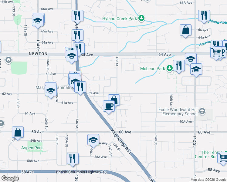 map of restaurants, bars, coffee shops, grocery stores, and more near 13791 62 Avenue in Surrey
