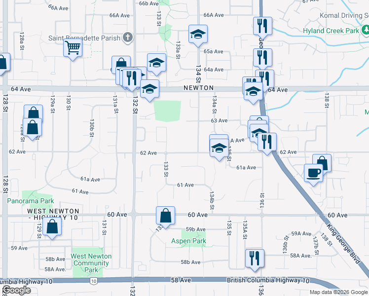 map of restaurants, bars, coffee shops, grocery stores, and more near 13357 62 Avenue in Surrey