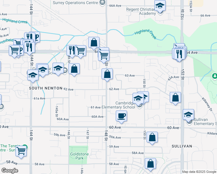 map of restaurants, bars, coffee shops, grocery stores, and more near 6210 148 Street in Surrey