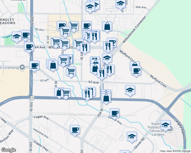 map of restaurants, bars, coffee shops, grocery stores, and more near 20381 62 Avenue in Langley