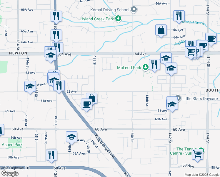 map of restaurants, bars, coffee shops, grocery stores, and more near 13889 62 Avenue in Surrey