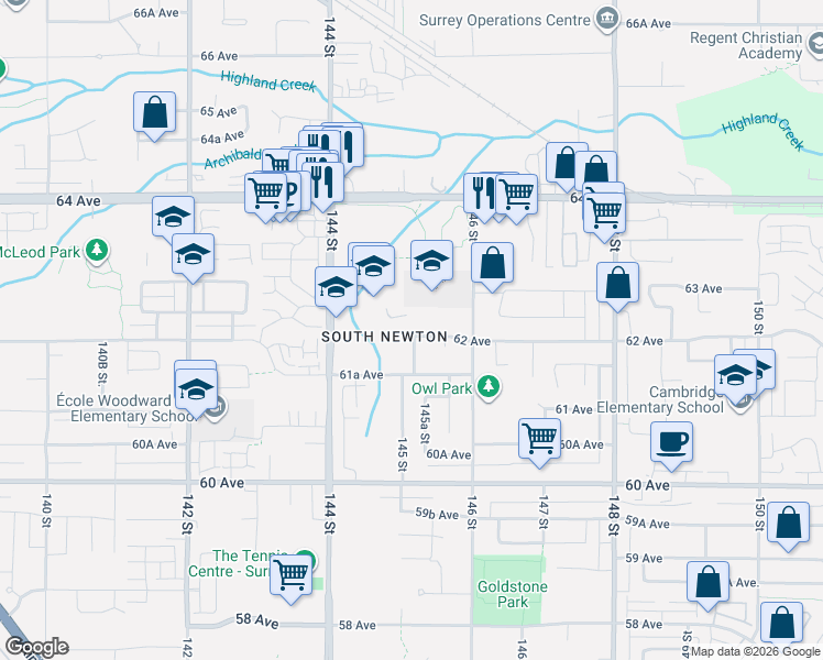 map of restaurants, bars, coffee shops, grocery stores, and more near in Surrey