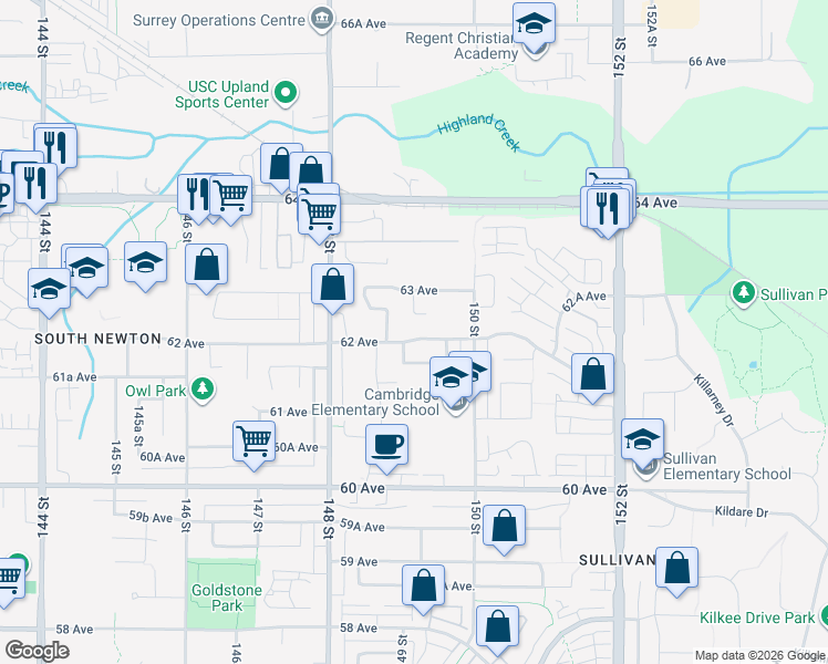 map of restaurants, bars, coffee shops, grocery stores, and more near 14919 62 Avenue in Surrey