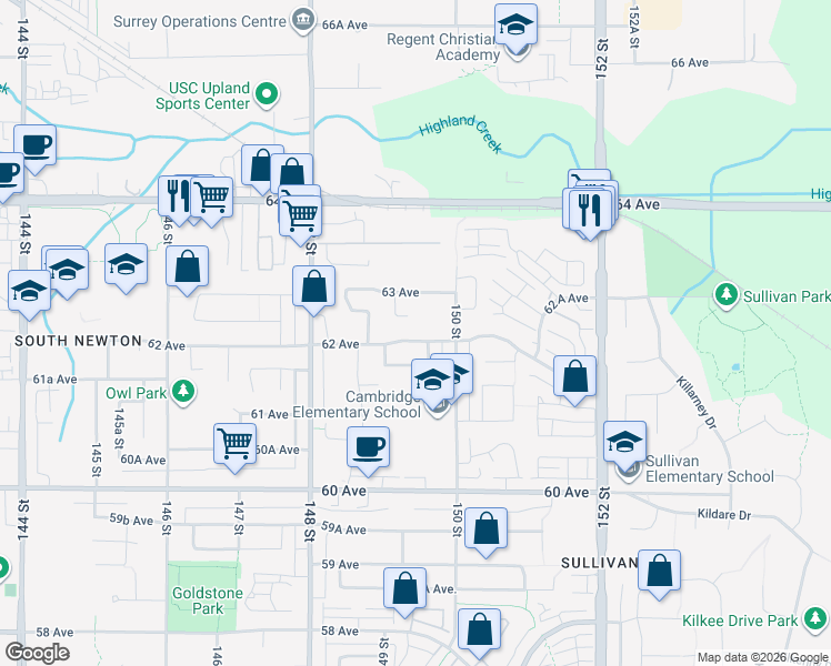 map of restaurants, bars, coffee shops, grocery stores, and more near 14945 62 Avenue in Surrey