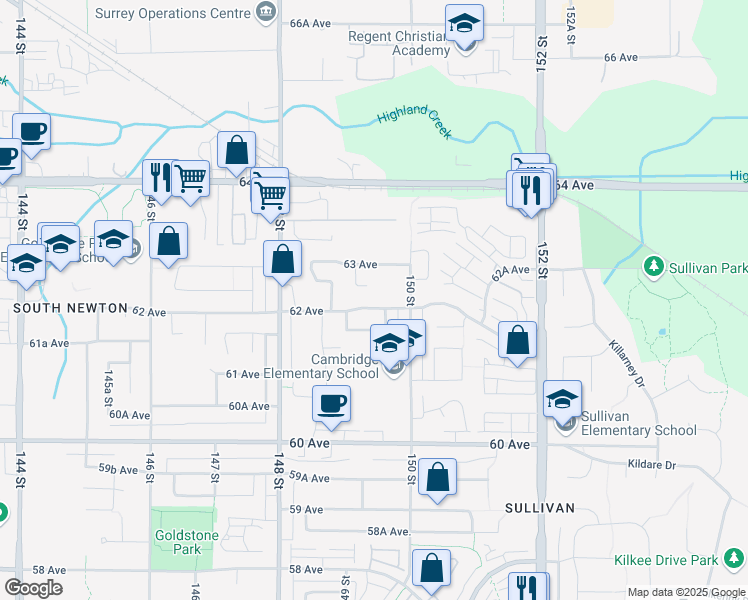 map of restaurants, bars, coffee shops, grocery stores, and more near 14945 62 Avenue in Surrey