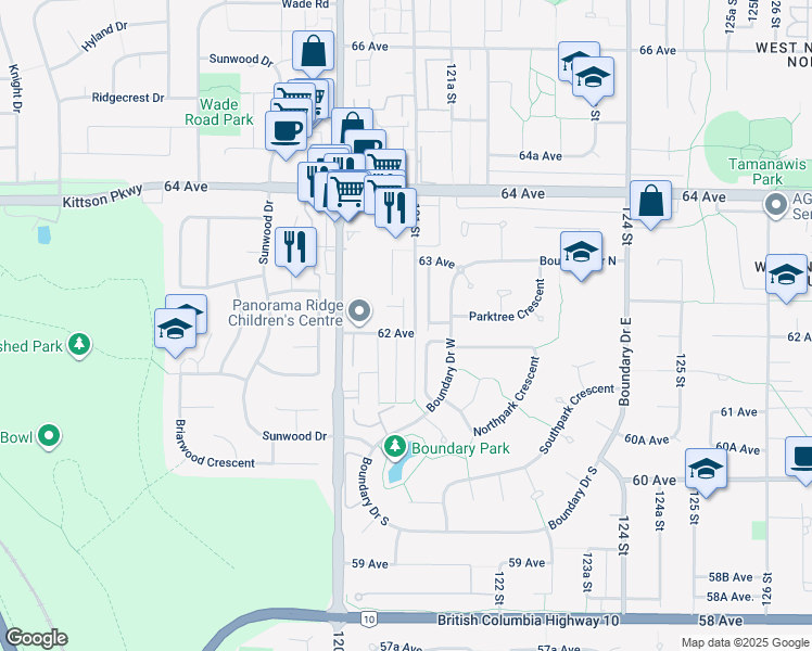 map of restaurants, bars, coffee shops, grocery stores, and more near 12073 62 Avenue in Surrey