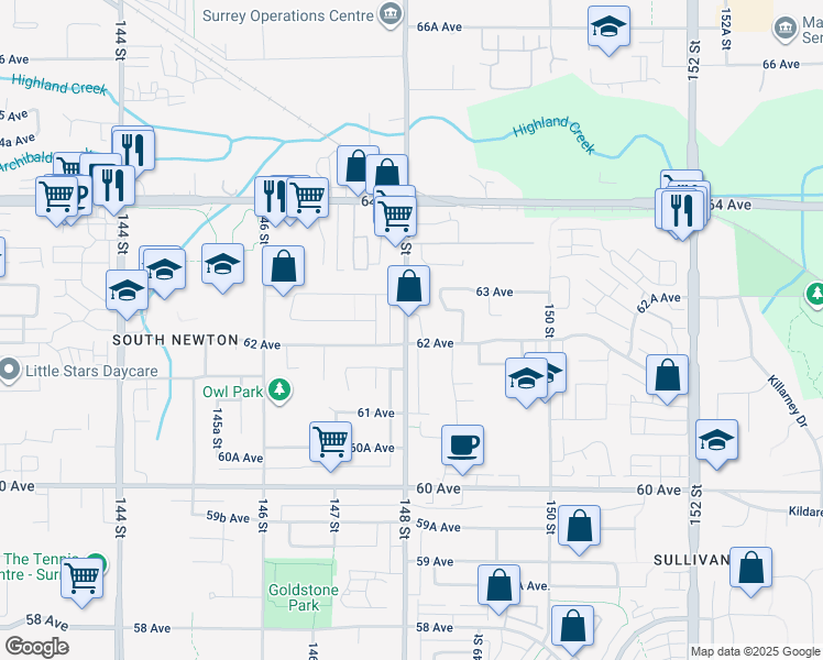 map of restaurants, bars, coffee shops, grocery stores, and more near 6222 148 Street in Surrey