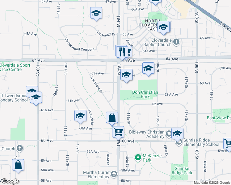 map of restaurants, bars, coffee shops, grocery stores, and more near 6247 184 Street in Surrey
