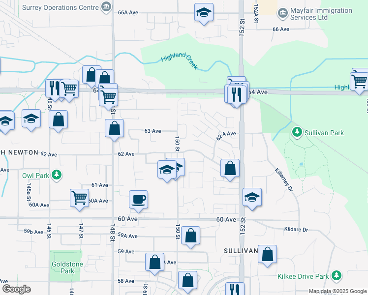map of restaurants, bars, coffee shops, grocery stores, and more near 15015 62 Avenue in Surrey