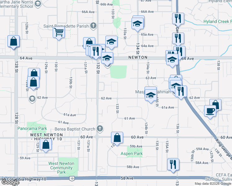 map of restaurants, bars, coffee shops, grocery stores, and more near 13277 132B Street in Surrey