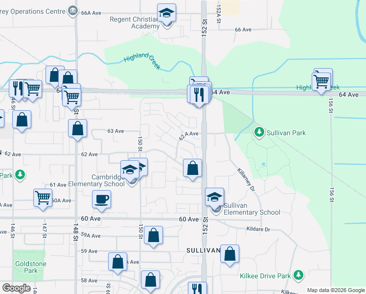 map of restaurants, bars, coffee shops, grocery stores, and more near 15188 62 A Avenue in Surrey