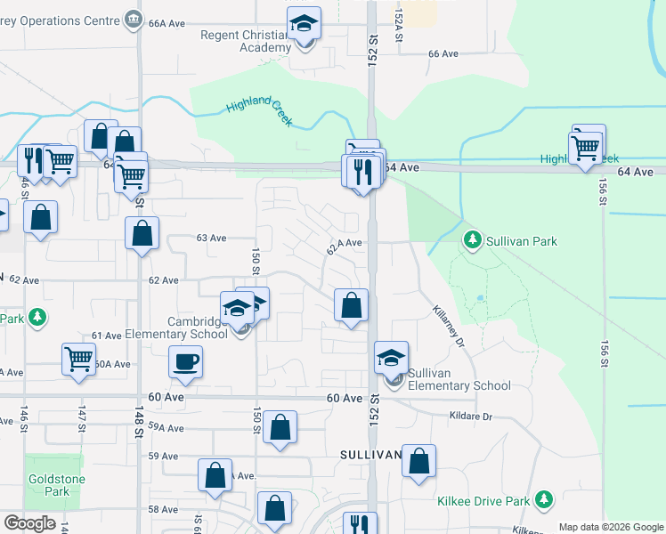 map of restaurants, bars, coffee shops, grocery stores, and more near 15188 62 A Avenue in Surrey