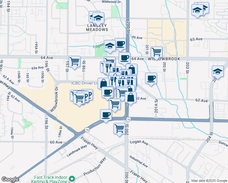 map of restaurants, bars, coffee shops, grocery stores, and more near 6233 200 Street in Langley