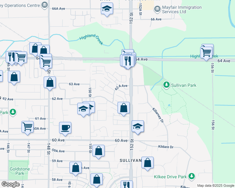 map of restaurants, bars, coffee shops, grocery stores, and more near 15188 62A Avenue in Surrey