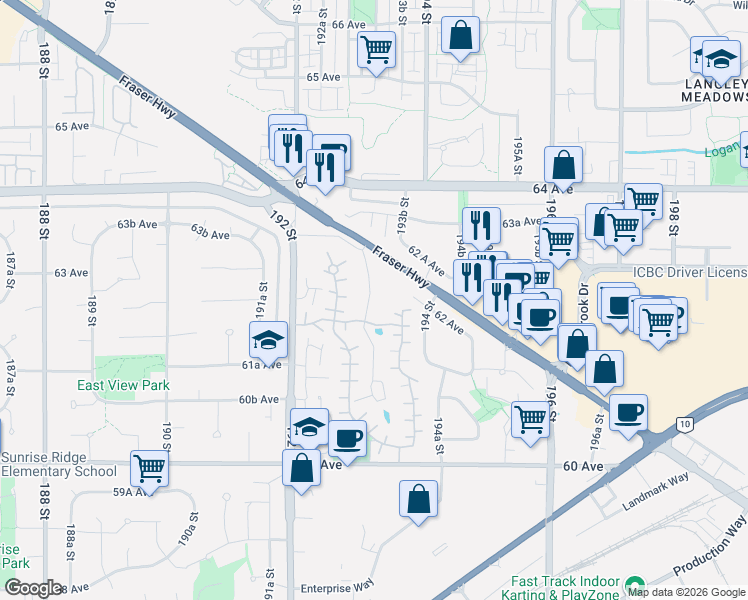 map of restaurants, bars, coffee shops, grocery stores, and more near in Surrey