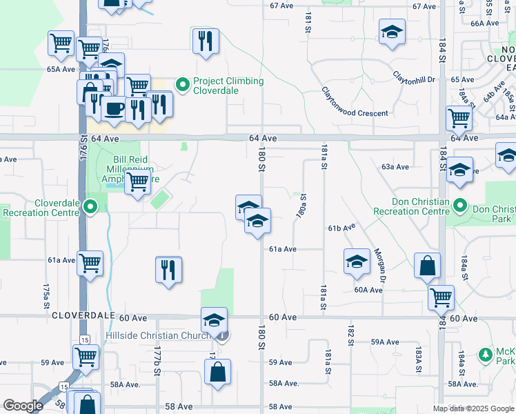 map of restaurants, bars, coffee shops, grocery stores, and more near 6211 180 Street in Surrey