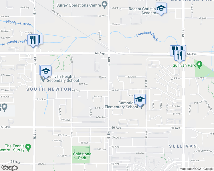 map of restaurants, bars, coffee shops, grocery stores, and more near 6237 148 Street in Surrey