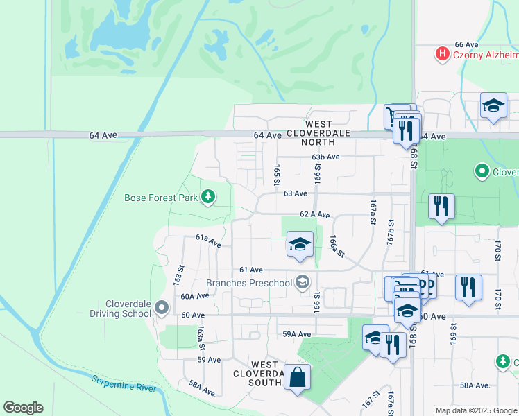 map of restaurants, bars, coffee shops, grocery stores, and more near 16457 62 A Avenue in Surrey