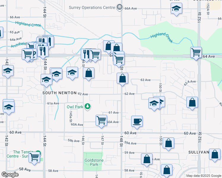 map of restaurants, bars, coffee shops, grocery stores, and more near 14750 62A Avenue in Surrey