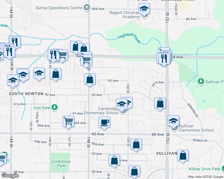 map of restaurants, bars, coffee shops, grocery stores, and more near 14922 62 A Avenue in Surrey