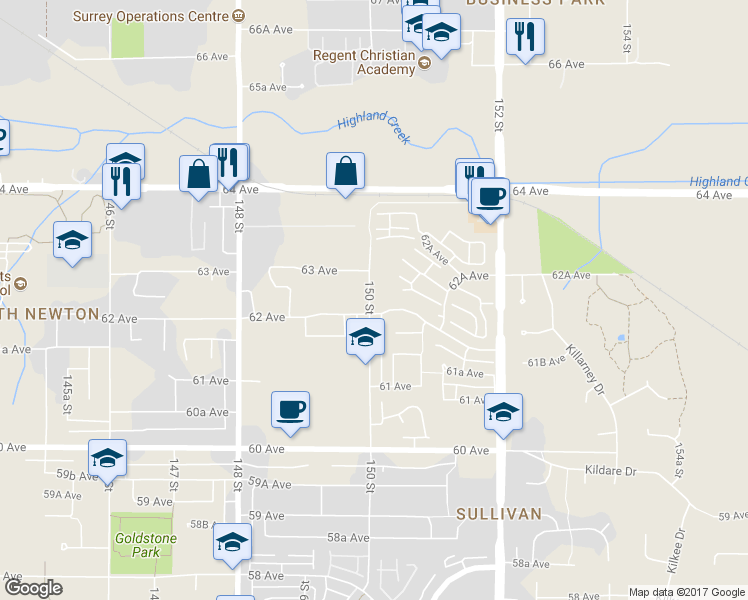 map of restaurants, bars, coffee shops, grocery stores, and more near 6218 150 Street in Surrey