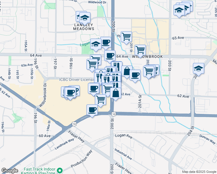 map of restaurants, bars, coffee shops, grocery stores, and more near 6263 200 Street in Langley