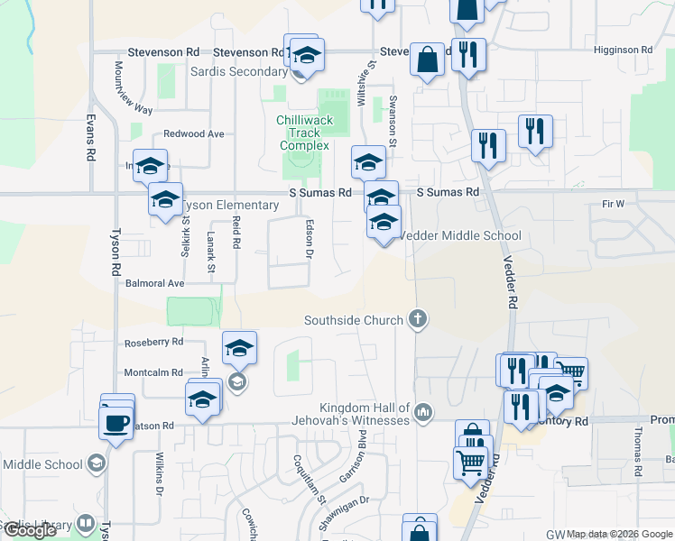 map of restaurants, bars, coffee shops, grocery stores, and more near 6270 Edson Drive in Chilliwack