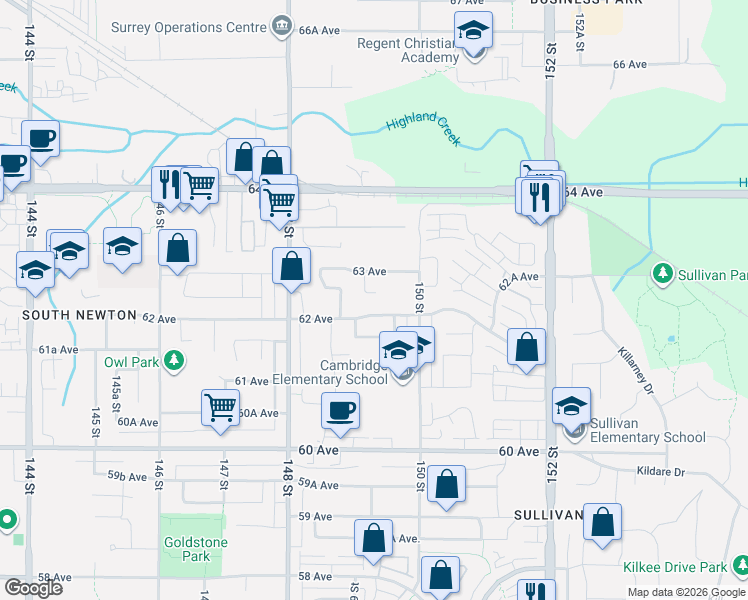 map of restaurants, bars, coffee shops, grocery stores, and more near 14944 62 A Avenue in Surrey