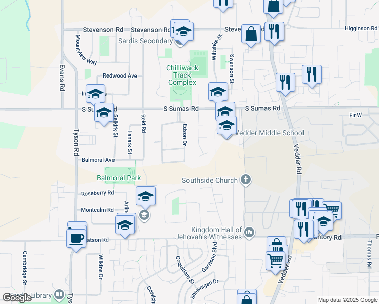 map of restaurants, bars, coffee shops, grocery stores, and more near 6270 Edson Drive in Chilliwack