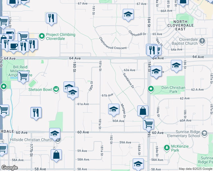 map of restaurants, bars, coffee shops, grocery stores, and more near 6255 Morgan Place in Surrey