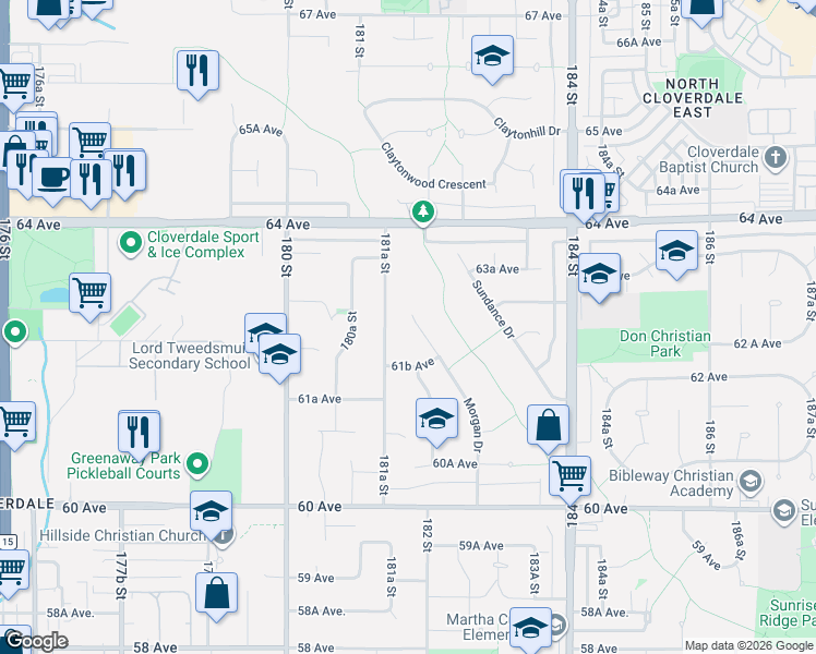 map of restaurants, bars, coffee shops, grocery stores, and more near 6257 Morgan Place in Surrey