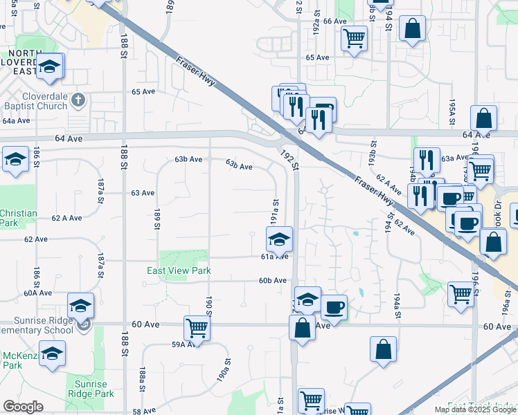 map of restaurants, bars, coffee shops, grocery stores, and more near 19113 62 A Avenue in Surrey