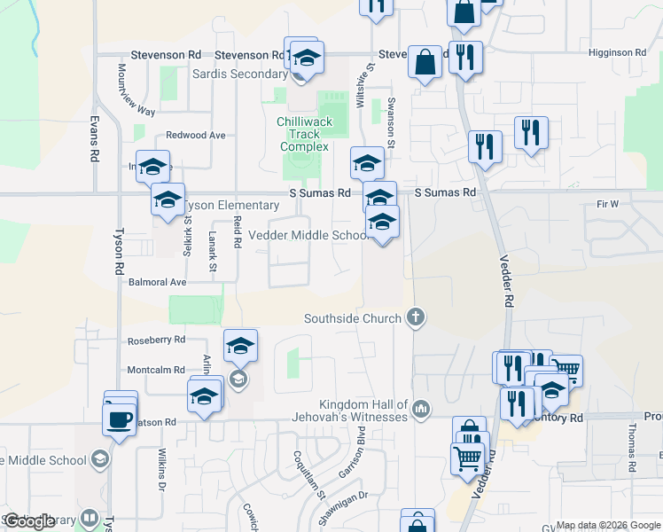 map of restaurants, bars, coffee shops, grocery stores, and more near 6279 Silverthorne Road in Chilliwack
