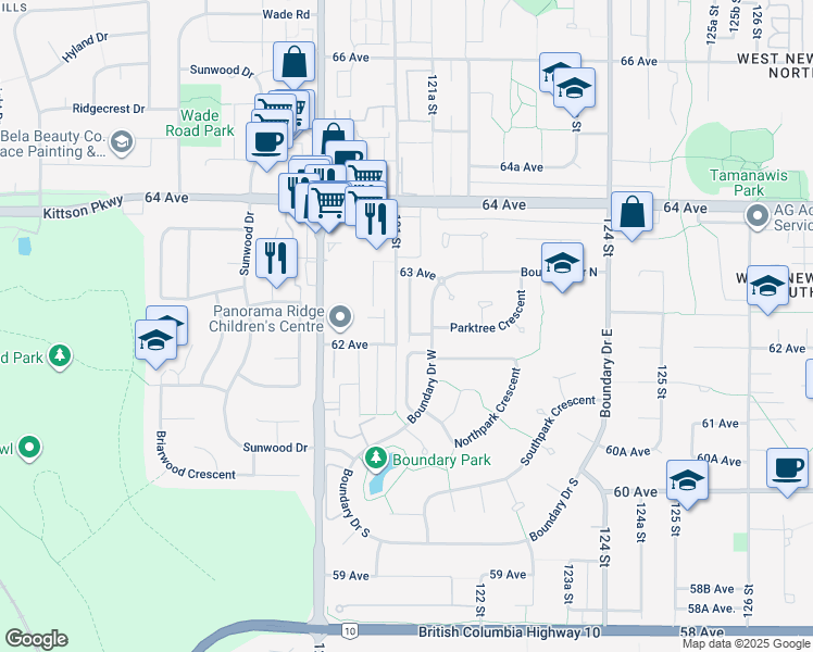 map of restaurants, bars, coffee shops, grocery stores, and more near 6533 121 Street in Surrey