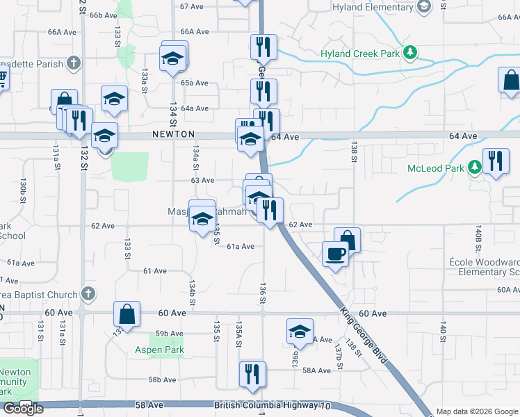 map of restaurants, bars, coffee shops, grocery stores, and more near 6245 136 Street in Surrey