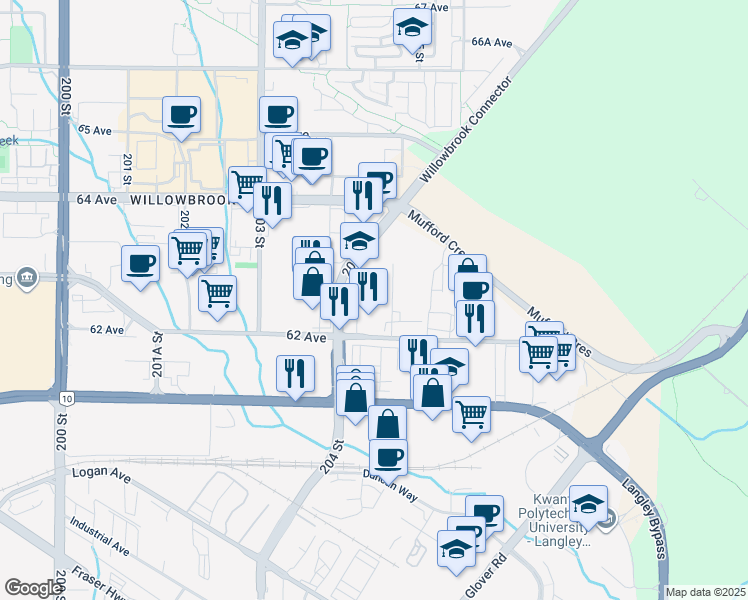 map of restaurants, bars, coffee shops, grocery stores, and more near 6249 205 Street in Langley