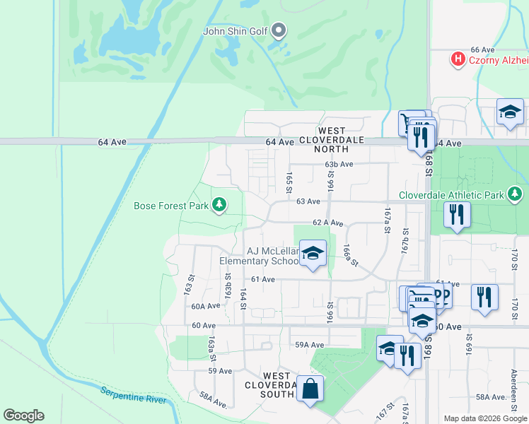 map of restaurants, bars, coffee shops, grocery stores, and more near 16459 63 Avenue in Surrey