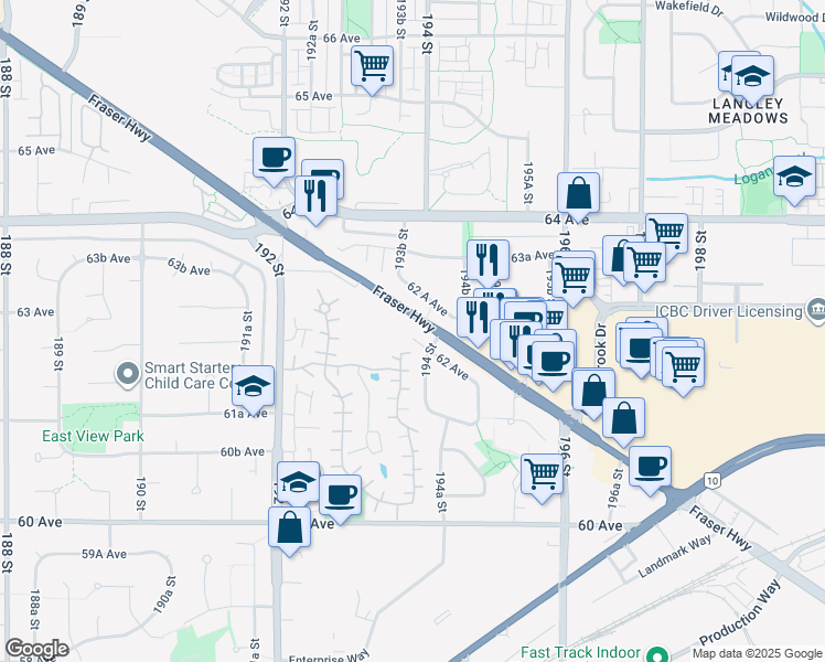 map of restaurants, bars, coffee shops, grocery stores, and more near 19381 62 Avenue in Surrey