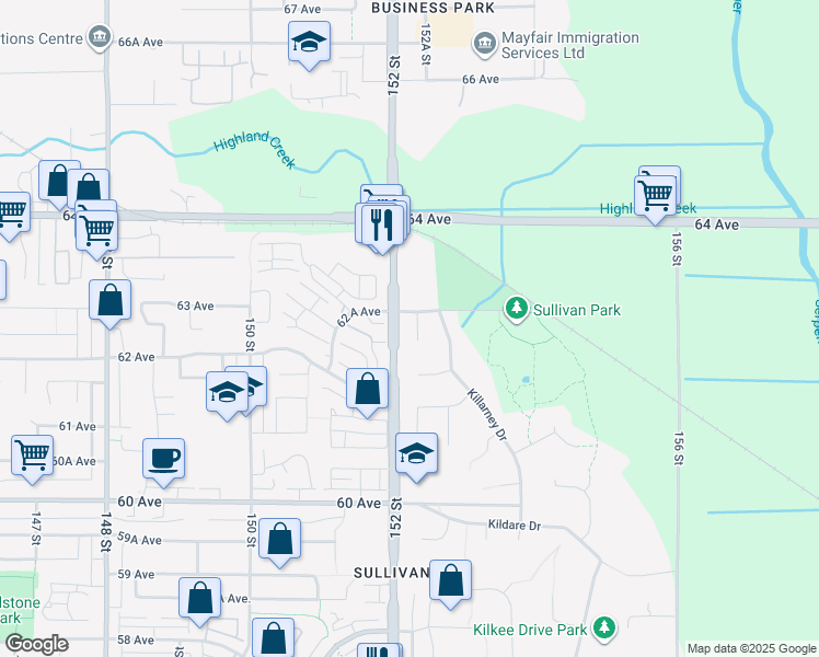 map of restaurants, bars, coffee shops, grocery stores, and more near 6245 152A Street in Surrey