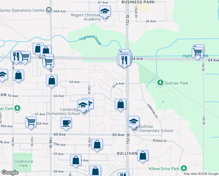 map of restaurants, bars, coffee shops, grocery stores, and more near 15152 62 A Avenue in Surrey