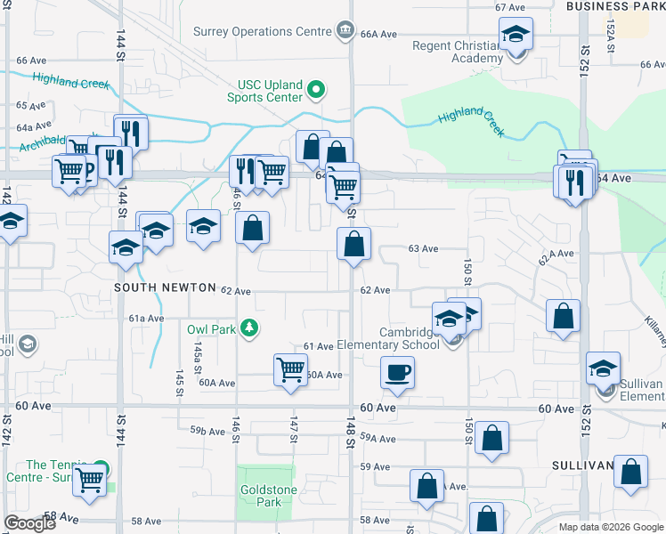 map of restaurants, bars, coffee shops, grocery stores, and more near 6266 147B Street in Surrey