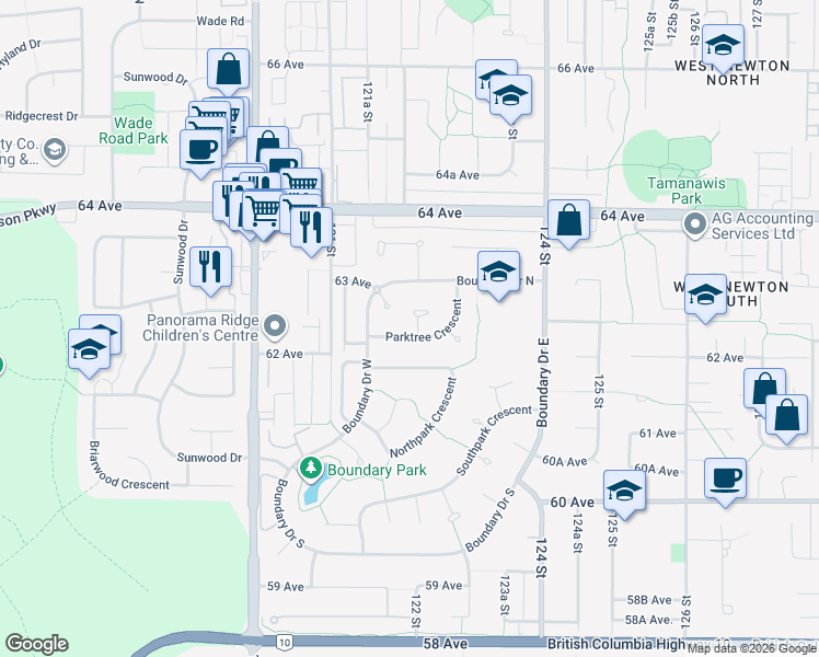 map of restaurants, bars, coffee shops, grocery stores, and more near 12251 Parktree Crescent in Surrey