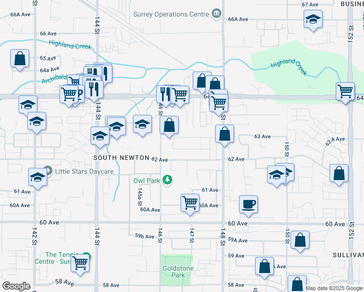 map of restaurants, bars, coffee shops, grocery stores, and more near 14681 62A Avenue in Surrey
