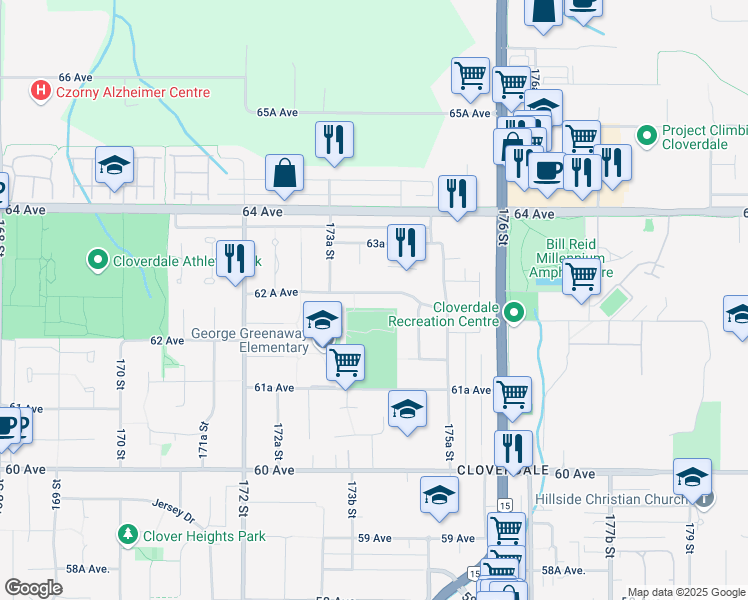 map of restaurants, bars, coffee shops, grocery stores, and more near 17396 62A Avenue in Surrey