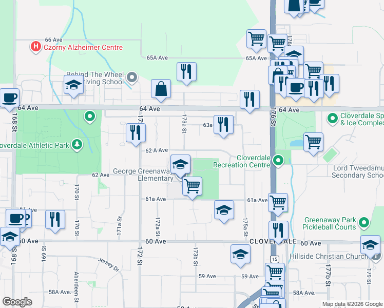 map of restaurants, bars, coffee shops, grocery stores, and more near 17348 62 A Avenue in Surrey