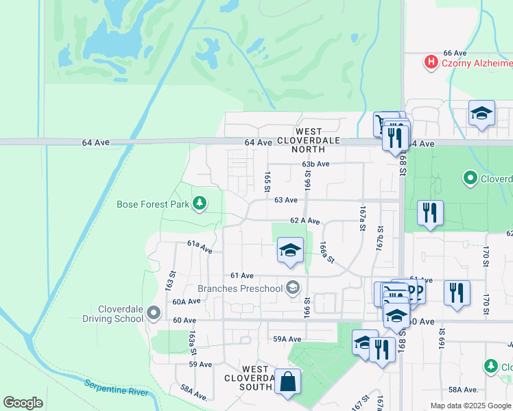 map of restaurants, bars, coffee shops, grocery stores, and more near 16457 62A Avenue in Surrey